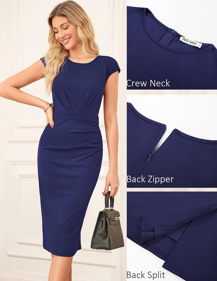 GRACE KARIN Women's Wear to Work Dresses 2025 Cap Sleeve Sheath Bodycon Midi Dress Ruched Business Office Pencil Dress