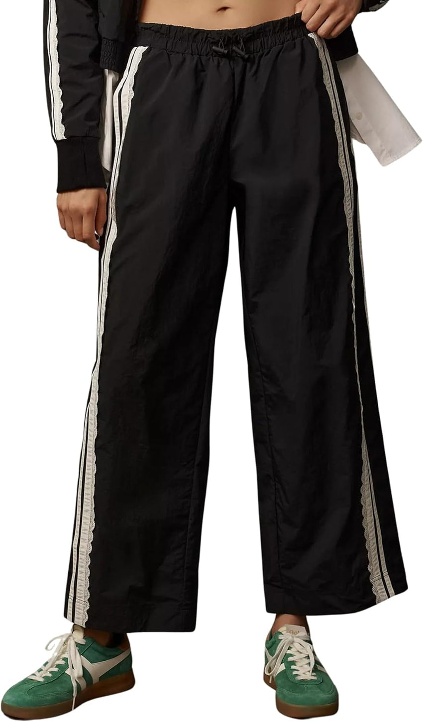 Women Baggy Track Pants Lace Side Stripe Drawstring Elastic Waist Wide Leg Parachute Pants with Pockets