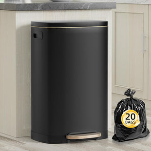 13 Gallon Trash Can with Lid, 50L Fingerprint Proof Stainless Steel Kitchen Trash Can with Removable Inner Bucket and Lid Soft Close, Pedal Rubbish Bin for Home Office, Black