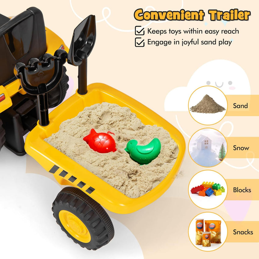 HONEY JOY Kids Ride on Tractor, Licensed Caterpillar Ride On Push Car for Toddlers, Detachable Trailer, Shovel & Rake, Horn, Engine Sound, LED Lights, No Power Ride On Toy for Boys Girls (Yellow)