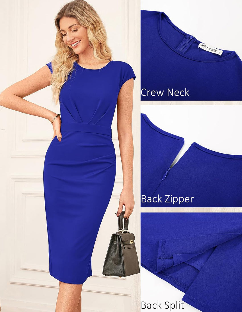 GRACE KARIN Women's Wear to Work Dresses 2025 Cap Sleeve Sheath Bodycon Midi Dress Ruched Business Office Pencil Dress