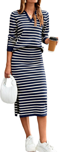 Glamaker Womens 2 Piece Skirt Sets Striped Sweater Dress Casual Polo Neck Knit Long Sleeve Midi Dresses Fall Fashion Outfits