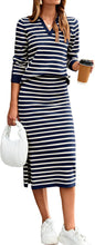Glamaker Womens 2 Piece Skirt Sets Striped Sweater Dress Casual Polo Neck Knit Long Sleeve Midi Dresses Fall Fashion Outfits