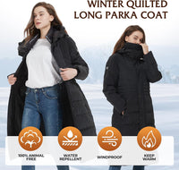 IKAZZ Women's Winter Coats, Thickened Warm Insulated Vegan Down Long Parka Jacket with Hood