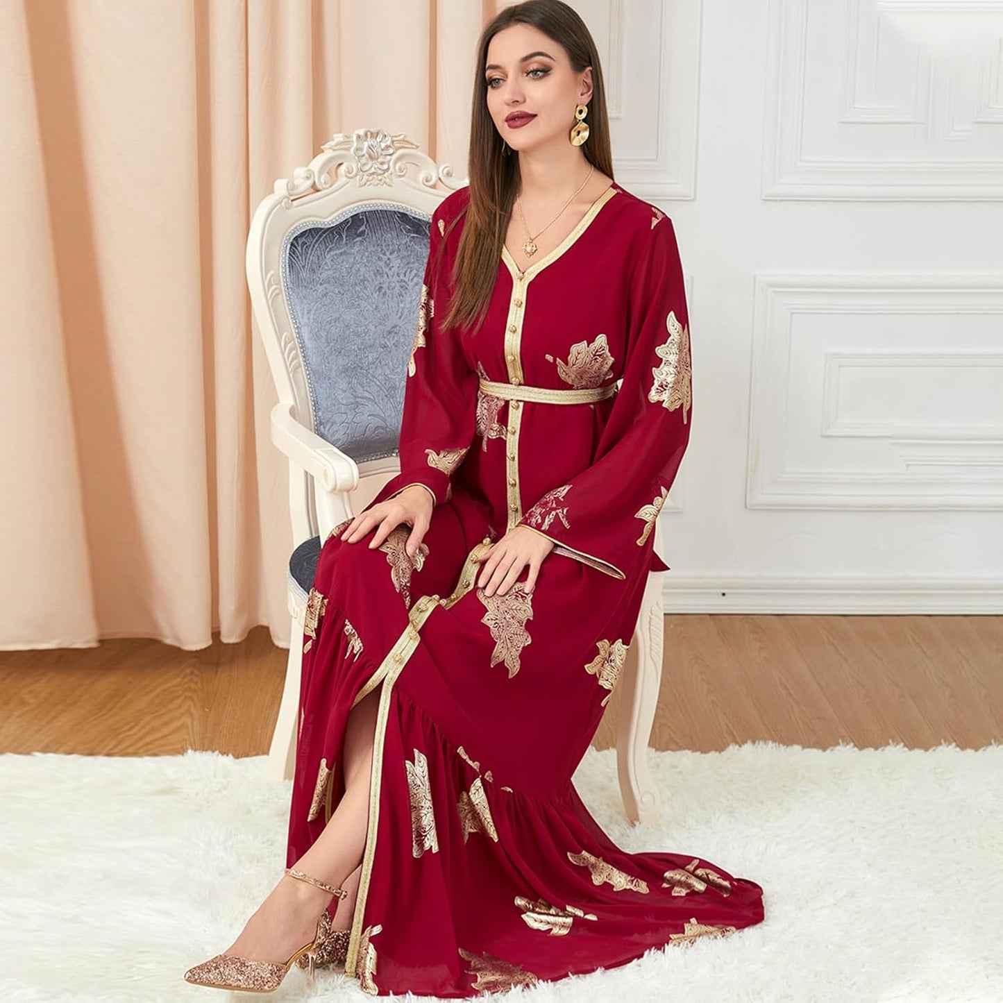 OBEEII Women's Moroccan Muslim Abaya Dress Elegant Floral Embroidery Kaftan Maxi Dress Islamic Dubai Ramadan Prayer Clothes
