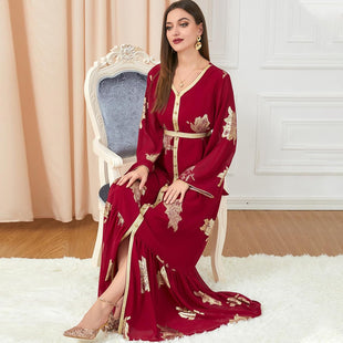 OBEEII Women's Moroccan Muslim Abaya Dress Elegant Floral Embroidery Kaftan Maxi Dress Islamic Dubai Ramadan Prayer Clothes