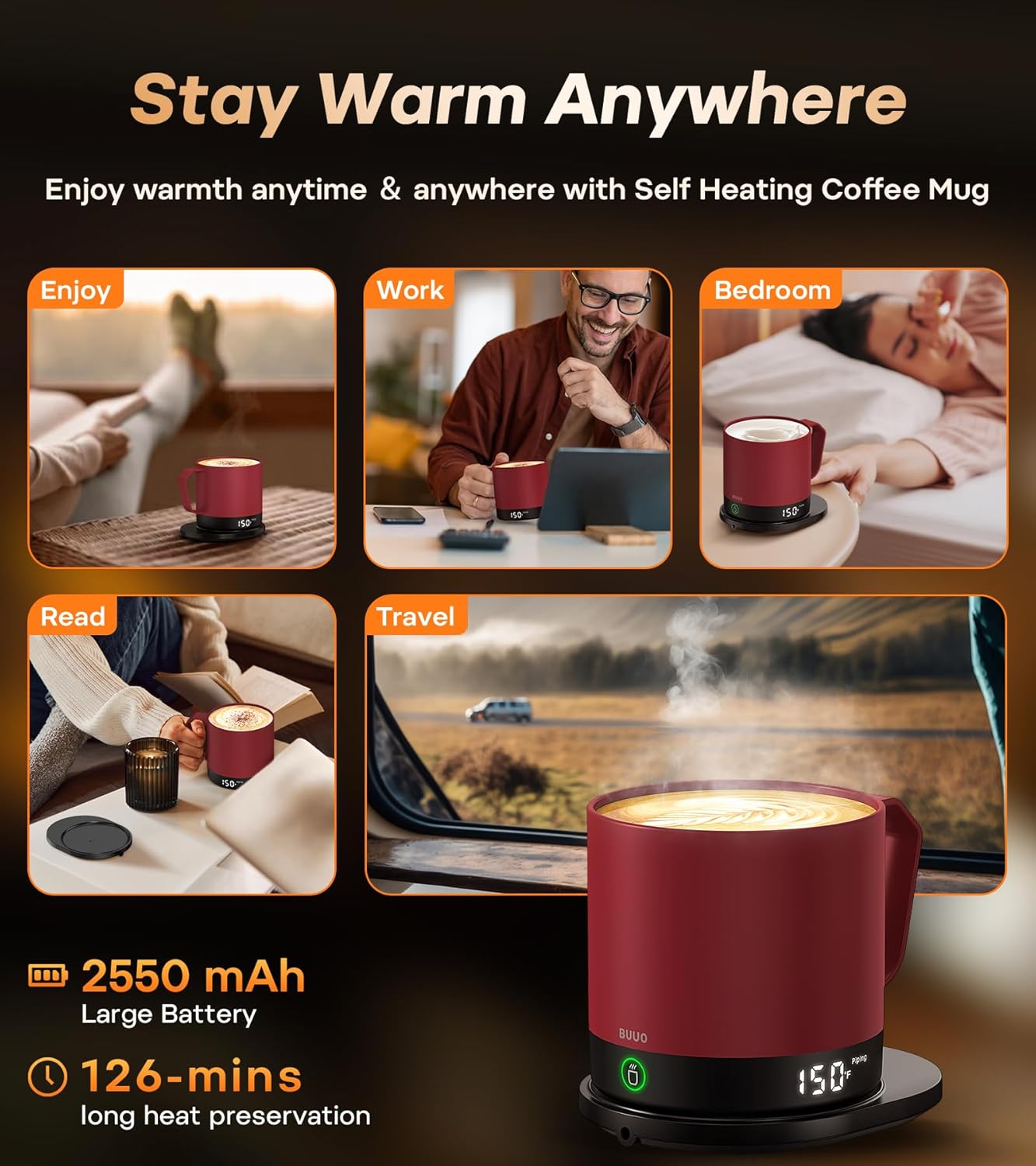 Heated Coffee Mug Rechargeable - Temperature Control Self Heating Coffee Mug 14oz with Lid, Double Sided & Real-Time LED Display, Hot up to 150℉, Birthday Gifts for Women and Men(Red)