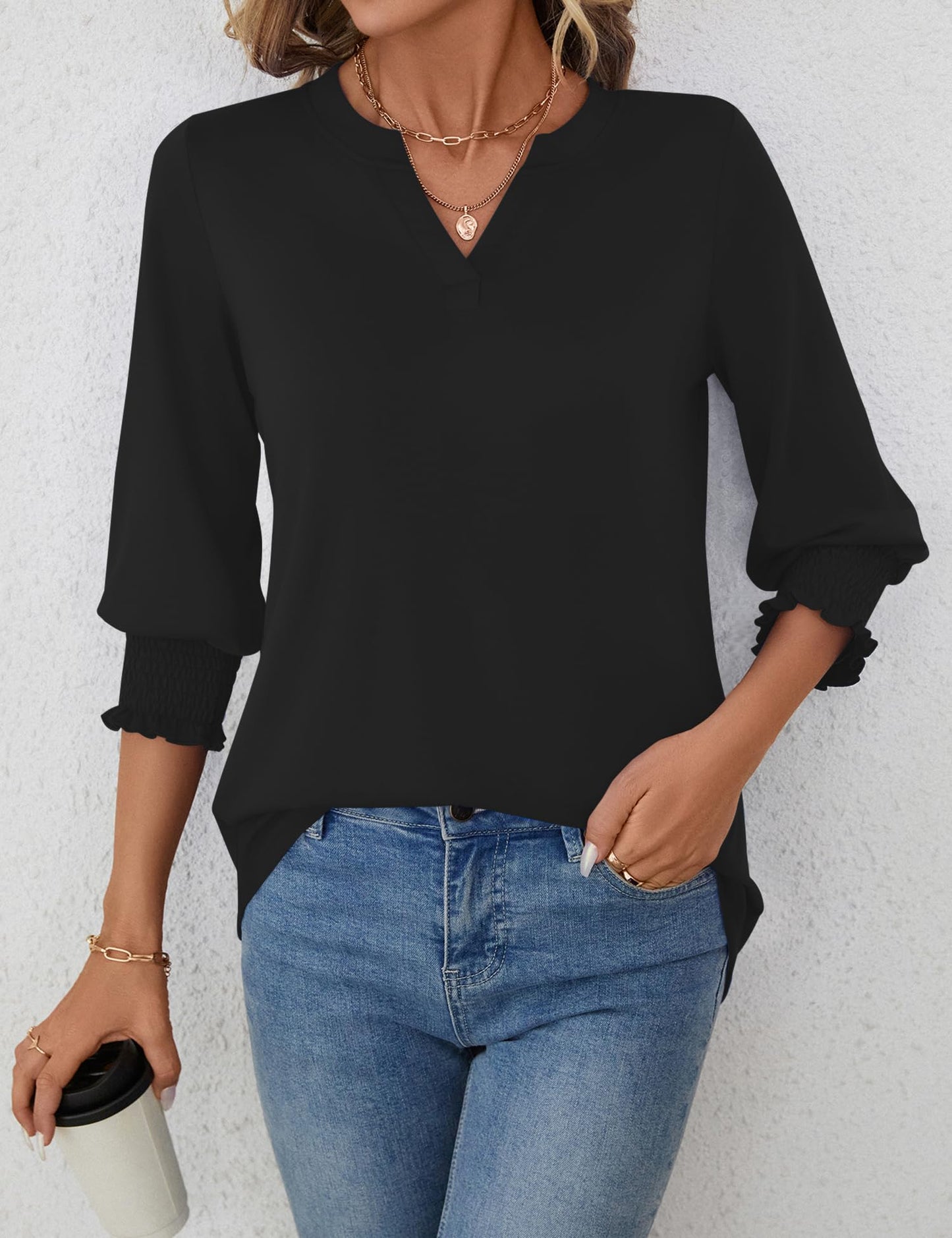 LOMON Blouses for Women Dressy Casual 3/4 Sleeve Tops for Women V Neck T Shirt Ladies Tops and Blouses Orange Blue Print L