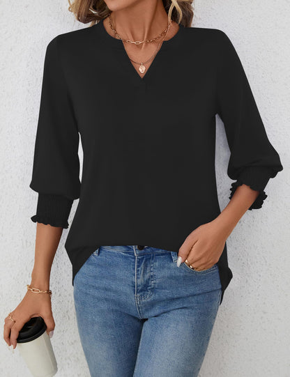 LOMON Blouses for Women Dressy Casual 3/4 Sleeve Tops for Women V Neck T Shirt Ladies Tops and Blouses Orange Blue Print L