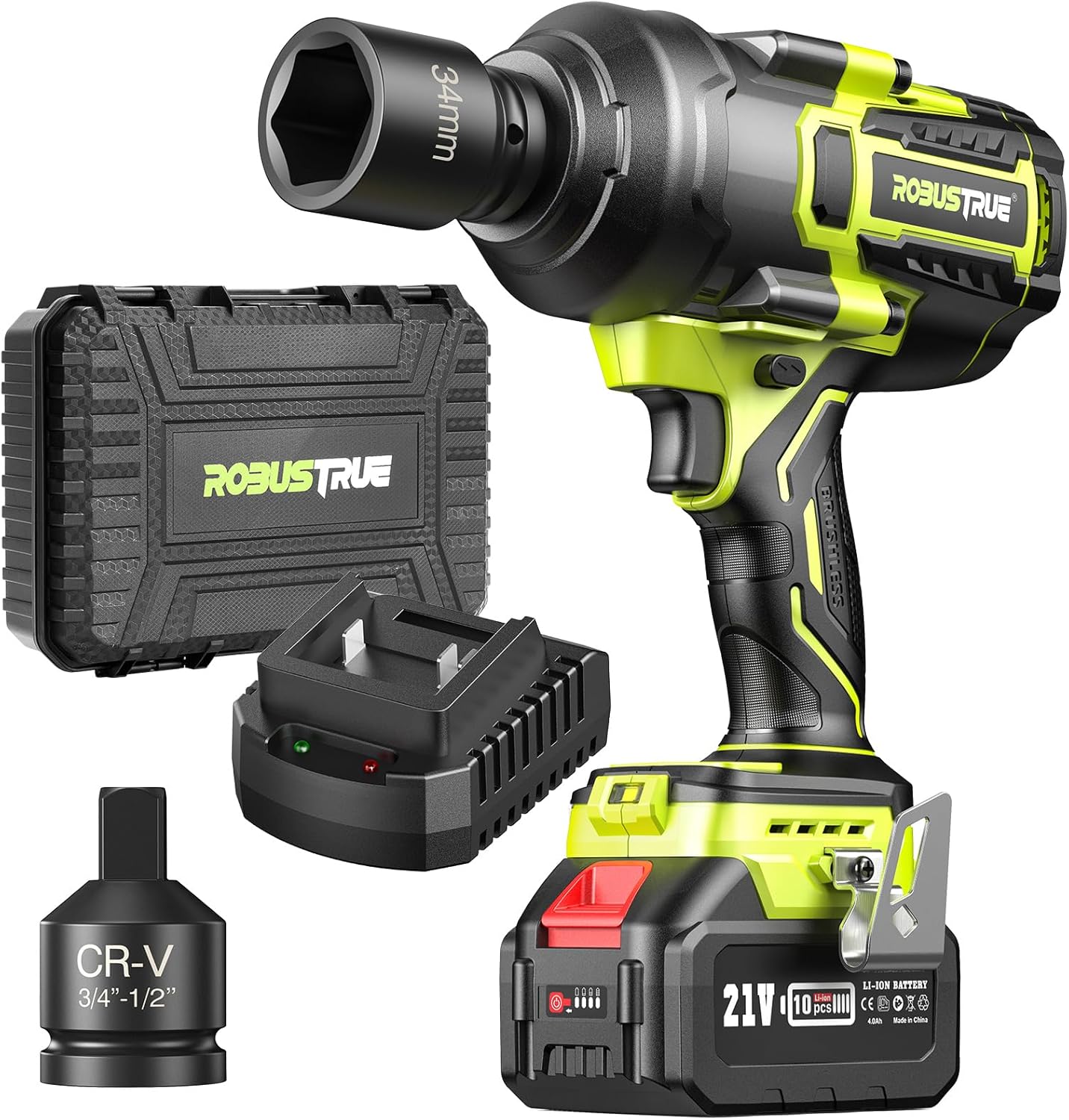 1500 ft-lbs/2000N.m High Torque Impact Wrench, 3/4 To 1/2 Brushless Impact Gun, Cordless 5.0Ah Battery, Fast Charger, Electric Impact Wrench for Heavy-duty Truck RV
