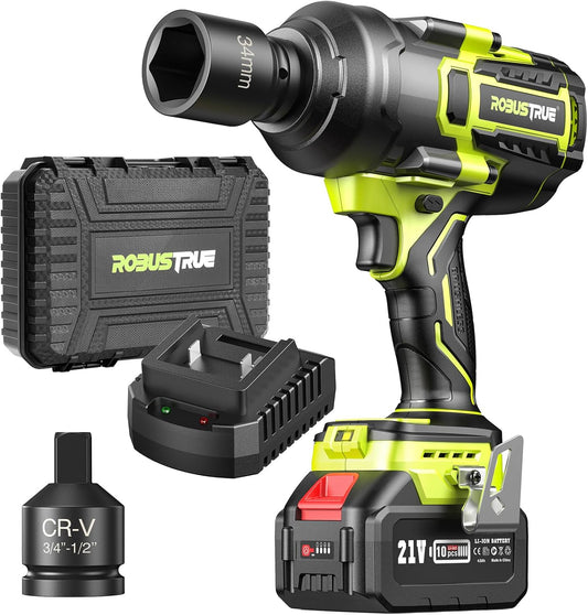 1500 ft-lbs/2000N.m High Torque Impact Wrench, 3/4 To 1/2 Brushless Impact Gun, Cordless 5.0Ah Battery, Fast Charger, Electric Impact Wrench for Heavy-duty Truck RV