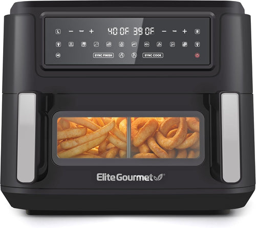 Elite Gourmet EAF1055D Dual Zone Air Fryer Oven, 11QT. Capacity with Divider, Sync Finish, Dishwasher Safe Basket, 10 Preset Functions, 1600-Watts, with Recipe Booklet, Black