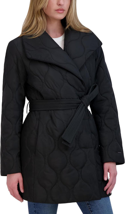 TAHARI womens Hourglass Quilted Wrap Coat
