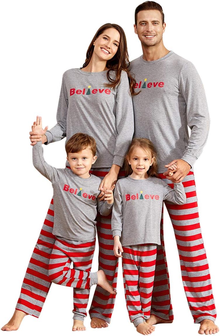 IFFEI Matching Family Pajamas Sets Christmas PJ's Letter Print Top and Plaid Bottom Sleepwear Jammies with Pockets