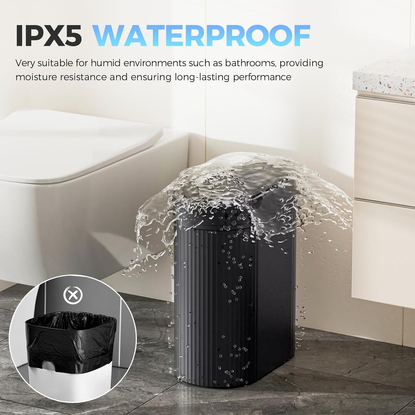5 Gallon Bathroom Trash Can with Lid, Automatic Motion Sensor Black Trash Can, Touchless Slim Waterproof Garbage Bin for Kitchen, Bedroom, Office, and Bathroom