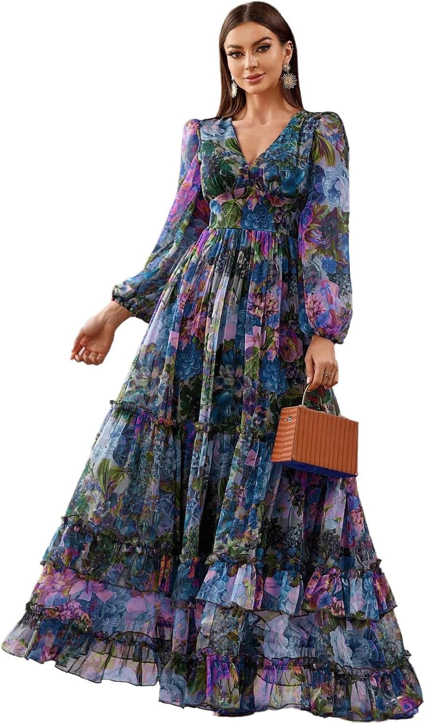Summer Casual Dresses for Women 2024 Spring Fashion Boho V Neck Long Sleeve Ruffle Floral Print Elegant Maxi Dress
