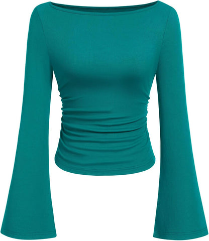7DAY'S Women's Long Sleeve Shirts 2025 Fall Crop Going Out Tops Casual Boat Neck Bell Sleeve Ribbed Ruched Y2K Clothes