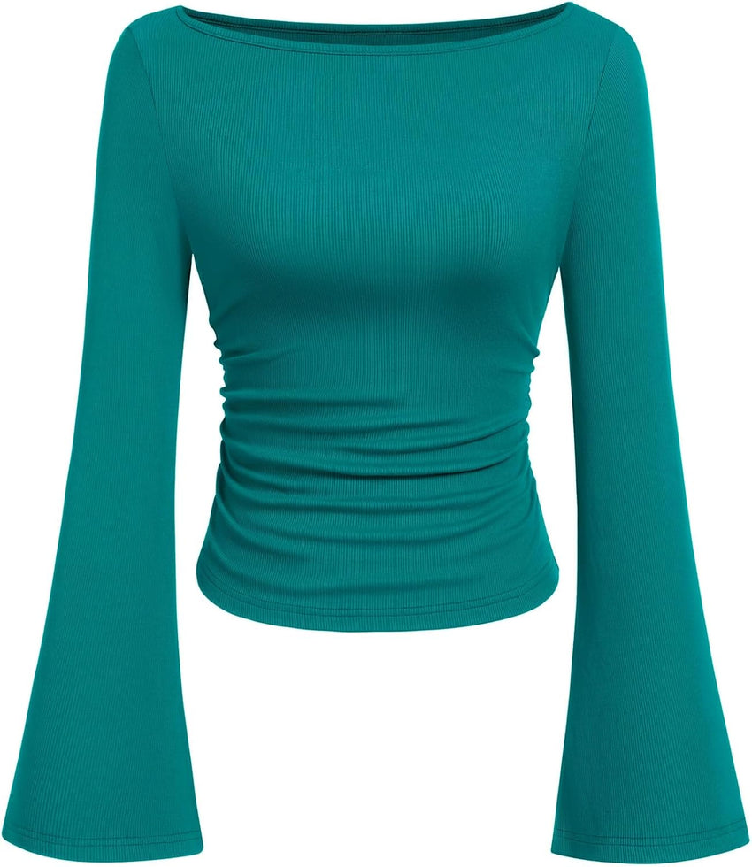 7DAY'S Women's Long Sleeve Shirts 2025 Fall Crop Going Out Tops Casual Boat Neck Bell Sleeve Ribbed Ruched Y2K Clothes