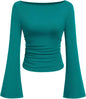 7DAY'S Women's Long Sleeve Shirts 2025 Fall Crop Going Out Tops Casual Boat Neck Bell Sleeve Ribbed Ruched Y2K Clothes