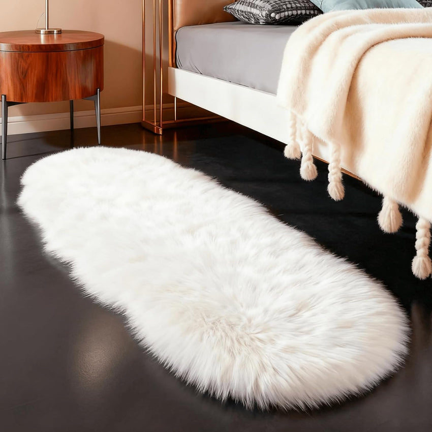 Faux Fur Rug Sheepskin Shag Fluffy Fuzzy White 2x6 ft Runner Rugs for Bedroom Bedside Bed Floor Living Room Plush High-Density Cushion Carpet Super Sofa Cover