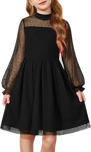 Arshiner Girls Dresses Contrast Mesh Puff Long Sleeve Mock Neck Formal Party A Line Short Tulle Dress