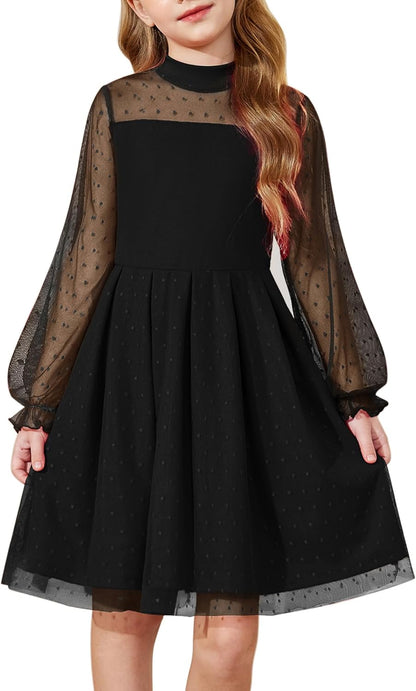 Arshiner Girls Dresses Contrast Mesh Puff Long Sleeve Mock Neck Formal Party A Line Short Tulle Dress