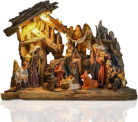 Bshine Nativity Scene Set Christmas Decor, Wooden Stable with LED Lights 12.4x9.05 Holy Family with Manger Baby Jesus Figurine, Nativity Scene Indoor Decor Home Desktop Collectible Ornaments