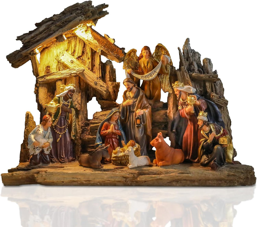Bshine Nativity Scene Set Christmas Decor, Wooden Stable with LED Lights 12.4x9.05 Holy Family with Manger Baby Jesus Figurine, Nativity Scene Indoor Decor Home Desktop Collectible Ornaments
