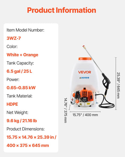 VEVOR Gas Powered Backpack Sprayer, 26.5CC 0.9HP Engine, Garden Sprayer with 6.5 Gallon Tank, Large Area Coverage, Lawn Spraying Machine with 24 in Wand & Nozzles for Efficient Gardening & Farming