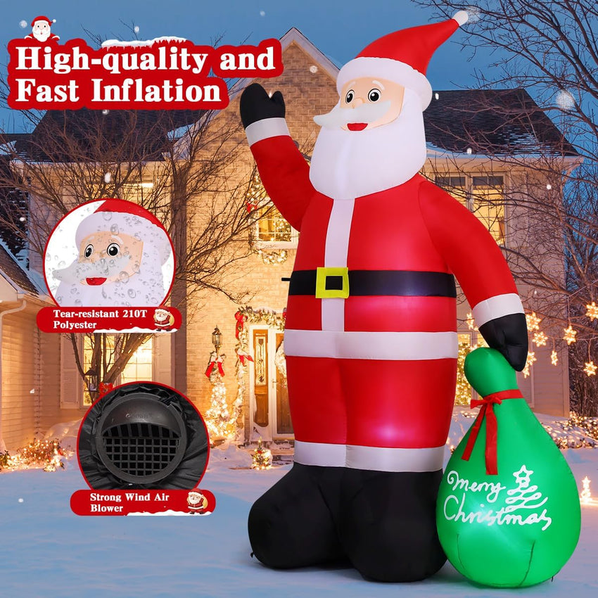 GOOSH 10.3 FT Waving Christmas Inflatable Santa Decorations, Outdoor Christmas Santa Claus with Gift Bag&Animated Hand Blow Up Yard Decor with Built-in LEDs for Xmas Holiday Party Garden Lawn