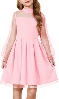 Arshiner Girls Dresses Contrast Mesh Puff Long Sleeve Mock Neck Formal Party A Line Short Tulle Dress