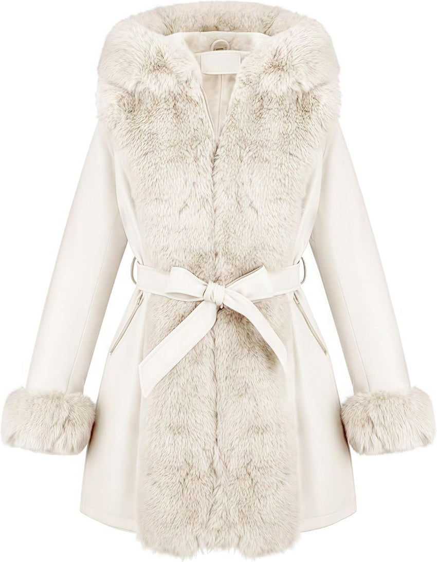 RISISSIDA Luxurious Women Winter Fur Lined Coat, Leather Jacket with Hooded Long Fur Collar, Thick Warm Heavy Overcoat Belted