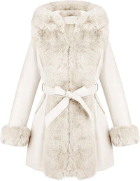 RISISSIDA Luxurious Women Winter Fur Lined Coat, Leather Jacket with Hooded Long Fur Collar, Thick Warm Heavy Overcoat Belted