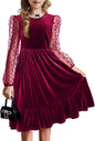 Arshiner Girls Dresses Contrast Mesh Velvet Long Sleeve A-Line Vintage Party Dress with Pockets