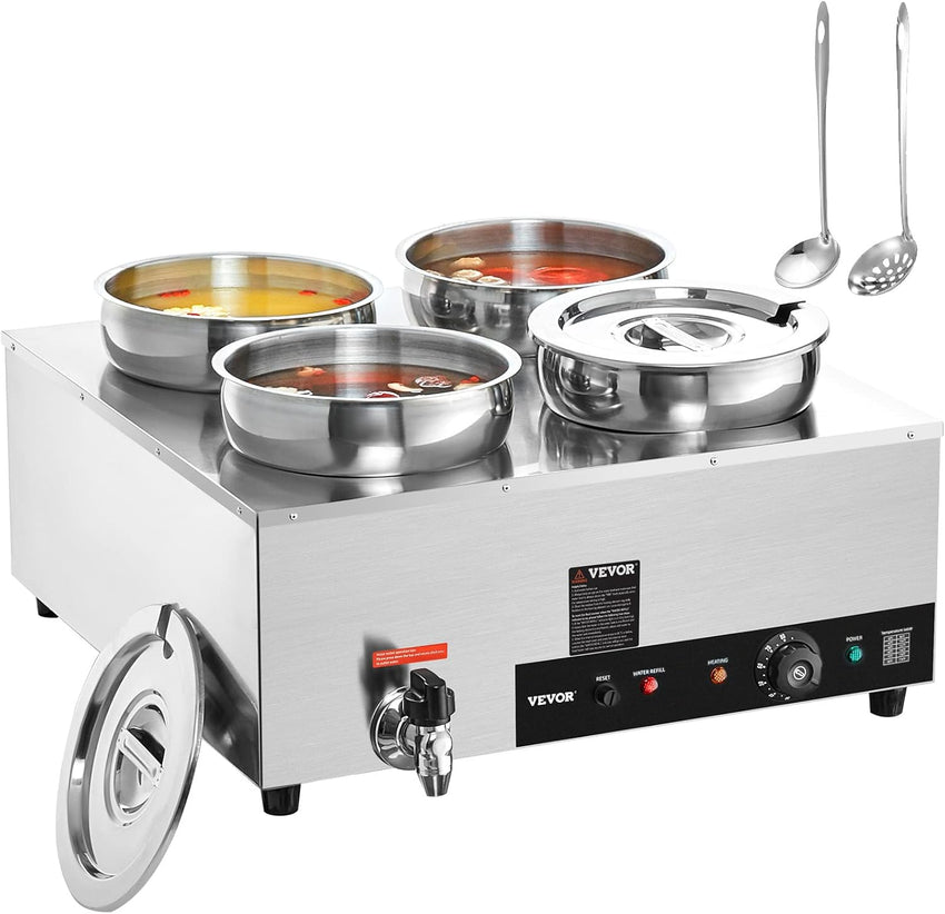 VEVOR Electric Soup Warmer, Dual 7.4QT Stainless Steel Round Pot 86~185°F Adjustable Temp, 1200W Commercial Bain Marie with Anti-Dry Burn and Reset Button, Soup Station for Restaurant, Buffet, Silver