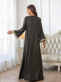 Boedaty Women Summer Muslim Abaya Dress One-Piece Embroidered V Neck Bronzing Kaftan Dress Full Length Party Dress