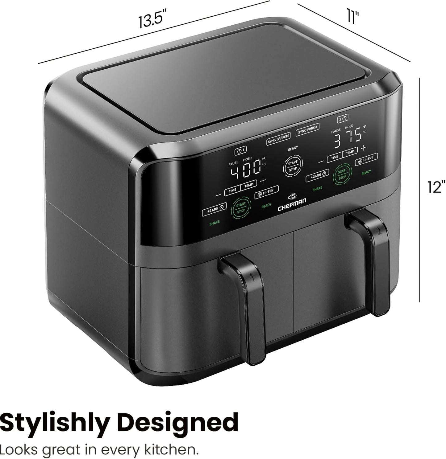 Chefman 6 Quart Dual Basket Air Fryer - Digital Touchscreen, Smart Sync Finish, Hi-Fry, Auto Shutoff, 2 Independent 3QT Nonstick Dishwasher-Safe Frying Baskets - Digital Double Air Fryer - Black