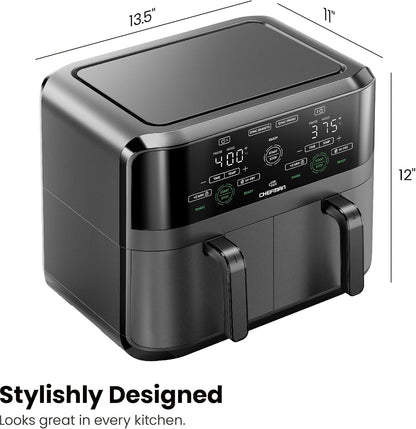 Chefman 6 Quart Dual Basket Air Fryer - Digital Touchscreen, Smart Sync Finish, Hi-Fry, Auto Shutoff, 2 Independent 3QT Nonstick Dishwasher-Safe Frying Baskets - Digital Double Air Fryer - Black