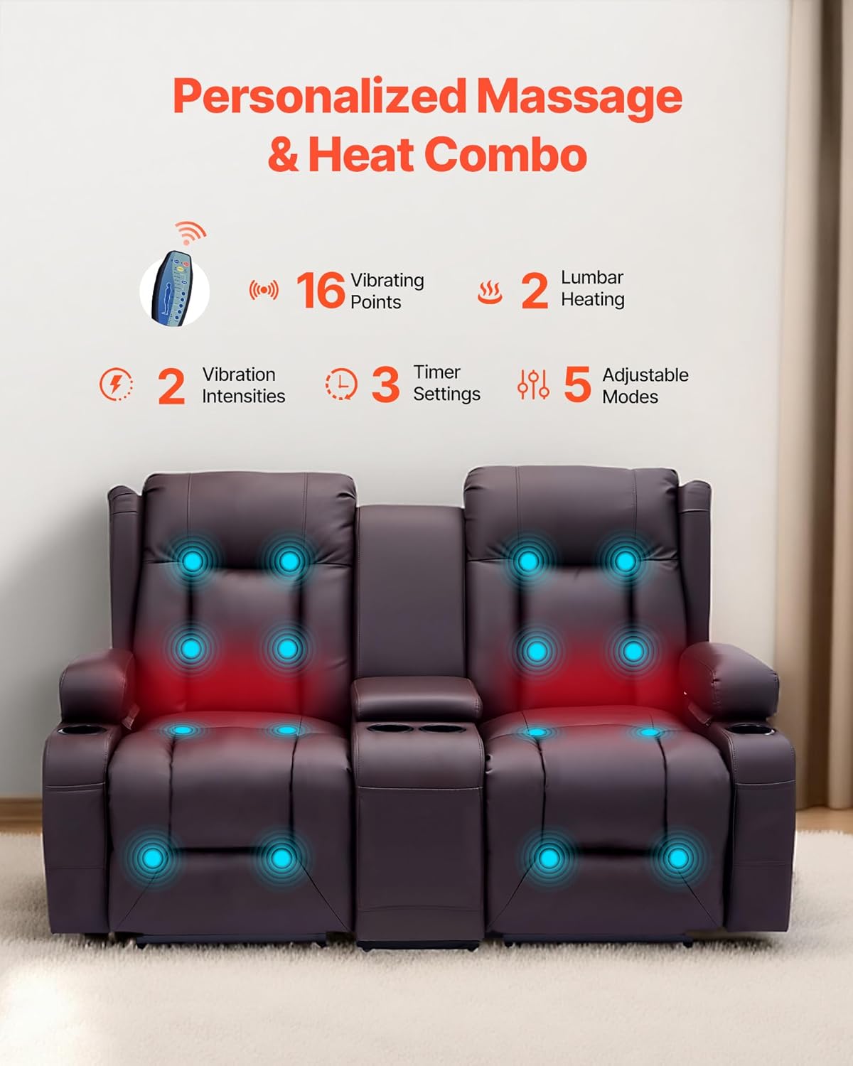 VEVOR Loveseat Recliner Sofa with Massage & Heat, Power Reclining Couch with Console, PU Leather Electric RV Sofa with USB & Outlet/Storage/Cup Holders/Pockets, Home Theater Seating for Living Room