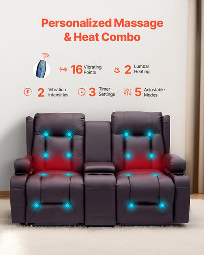 VEVOR Loveseat Recliner Sofa with Massage & Heat, Power Reclining Couch with Console, PU Leather Electric RV Sofa with USB & Outlet/Storage/Cup Holders/Pockets, Home Theater Seating for Living Room