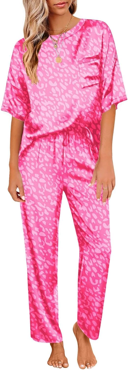 Ekouaer Womens Satin Silky Pajama Set Short Sleeve Shirt with Long Pajama Pant Set Soft PJ Loungewear