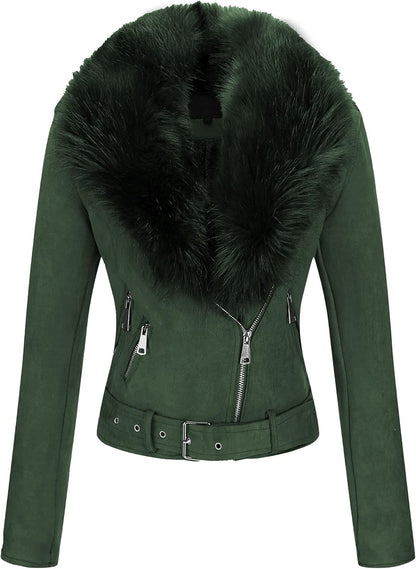 Bellivera Women Faux Leather Suede Jacket Moto Biker Coat Sherpa-Lined Overcoat with Removable Belt