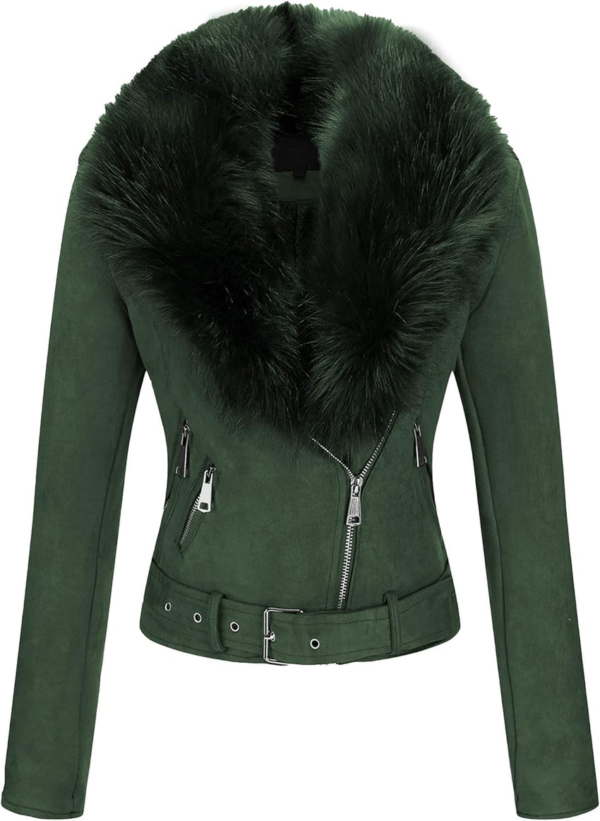 Bellivera Women Faux Leather Suede Jacket Moto Biker Coat Sherpa-Lined Overcoat with Removable Belt