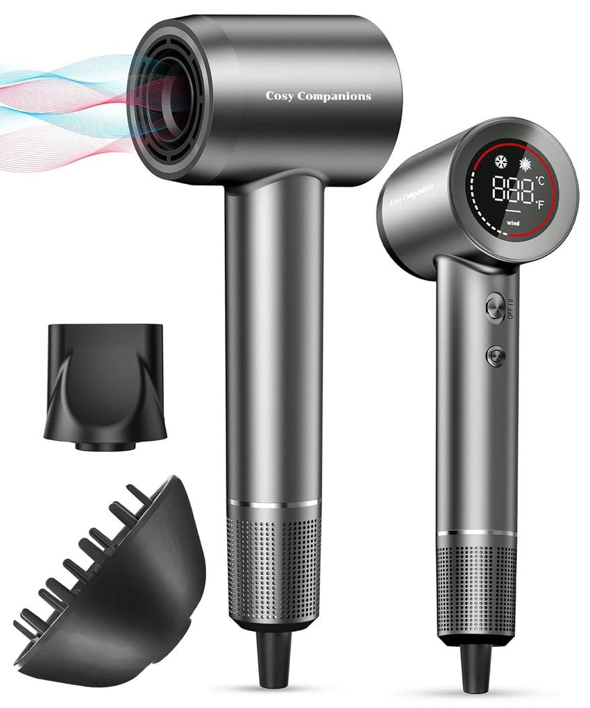 Hair Dryer - Negative Ionic Blow Dryer with 150000 RPM High Speed Brushless Motor for Fast Drying, Low Noise, HD Display Hair Dryer with Diffuser and Nozzle, 5 Temps & 2 Speeds