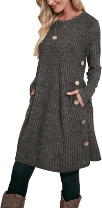 OFEEFAN Fall and Winter Tunic Dress with Pockets Long Sleeve Crew Neck Buttons Side