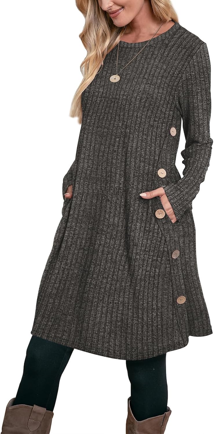 OFEEFAN Fall and Winter Tunic Dress with Pockets Long Sleeve Crew Neck Buttons Side