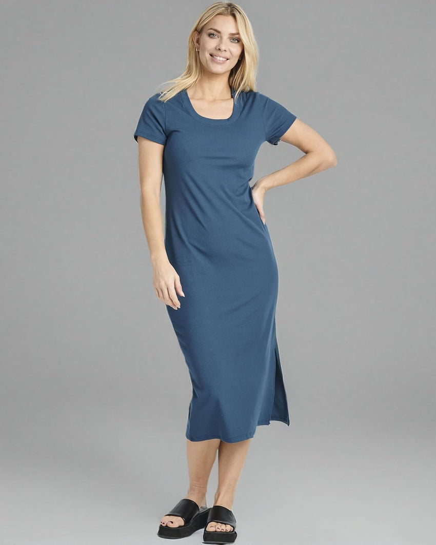 Real Essentials 3 Pack: Women's Ribbed Jersey Crew Neck Short Sleeve Midi Length Dress with Side Slit