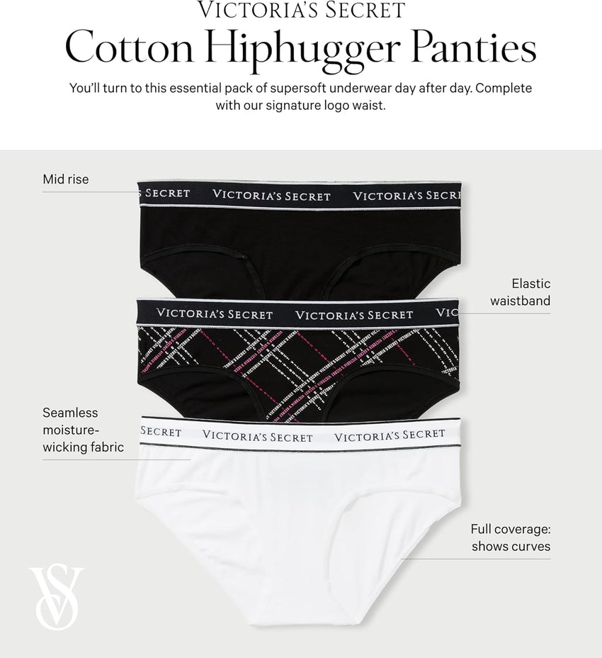 Victoria's Secret Women's Cotton Logo Hipster Underwear, Moderate Coverage Panties for Women, Multi Pack (XS-XXL)