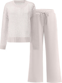 ANRABESS Womens 2 Piece Outfits Crochet Sheer Knit Sweater Top Wide Leg Pants Lounge Sets Sweatsuit 2025 Fall Travel Clothes