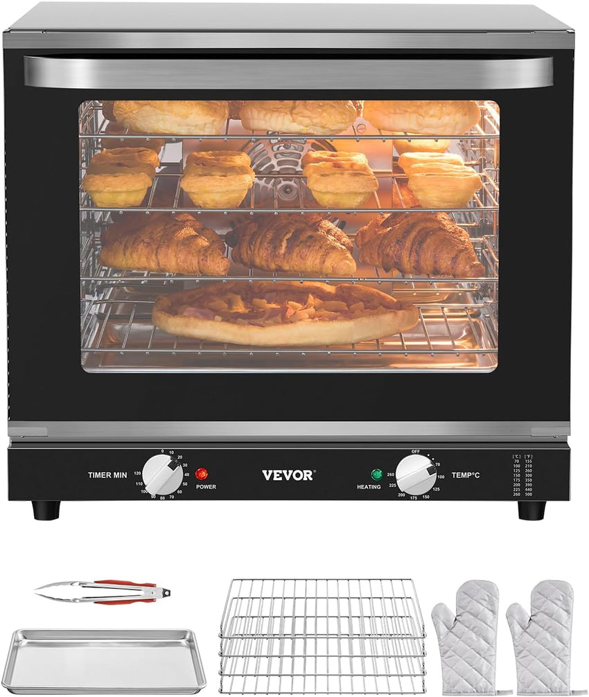 VEVOR Commercial Convection Oven, 21L/19Qt, Quarter-Size Conventional Oven Countertop, 1440W 3-Tier Toaster w/Front Glass Door, Electric Baking Oven w/Trays Wire Racks Clip Gloves, 120V